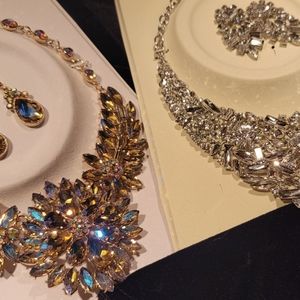 Lot of 2 NEW Large Clear and Iridescent Crystal Necklace Sets